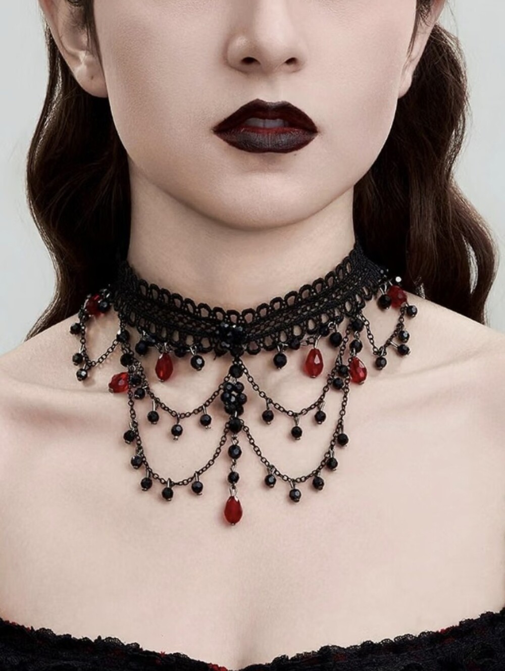 Black Lace Gothic Choker Necklace with Red Gem Accents